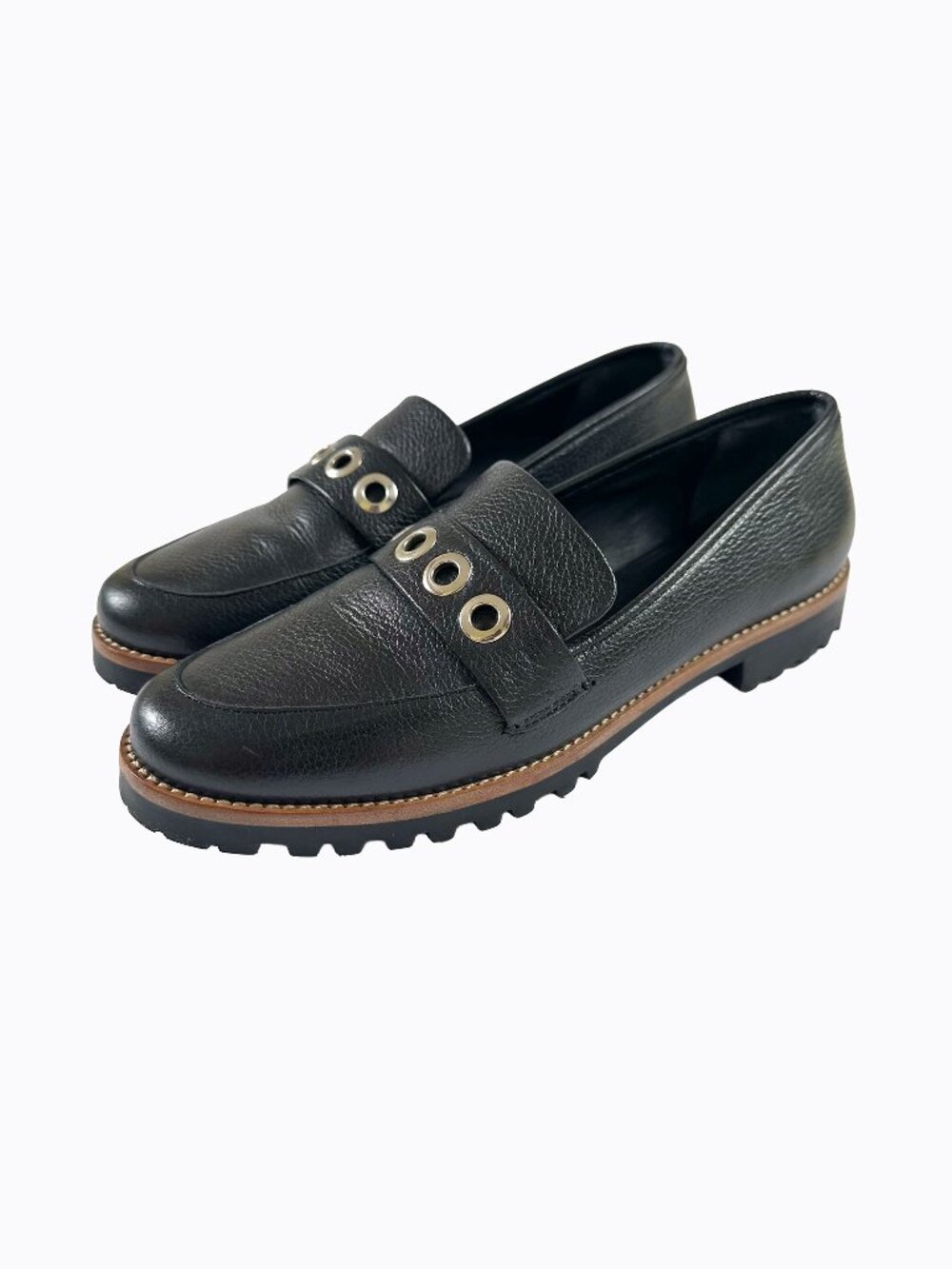 Bernardo Black Ozzy Leather Studded Lug Sole Loafers 8M Dark Academia Punk Y2K